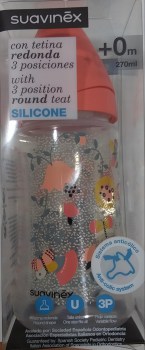 BIBERON SUAVINEX CON TETINA REDONDA 3 POSICIONES SILICONA 0 +, 270 ML